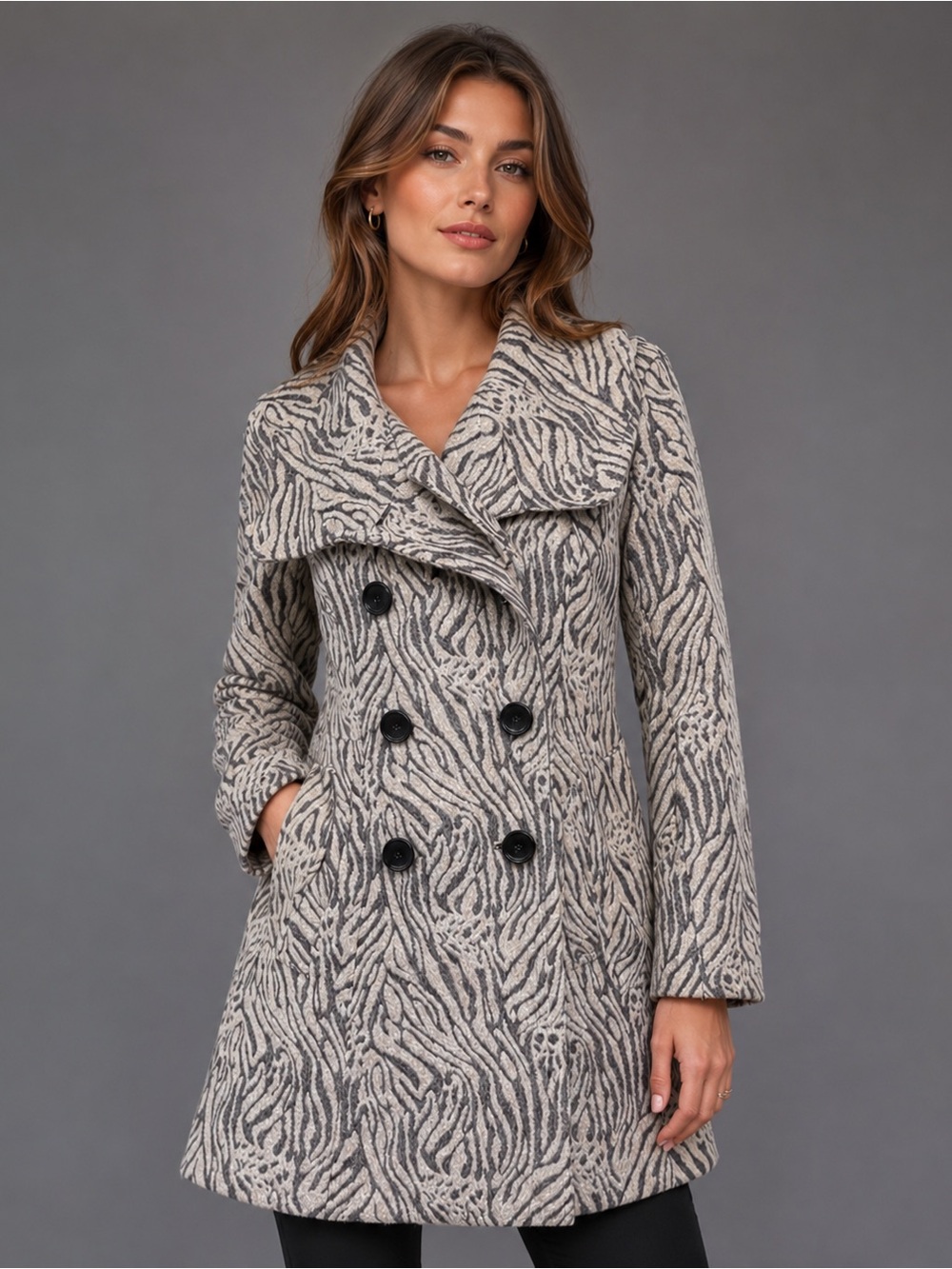 Sabine Zebra Jacquard Wool Blend Peacoat Double Breasted Animal Print M